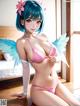 A woman in a pink bikini with blue hair and angel wings.