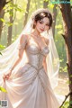 A woman in a wedding dress standing in the woods.