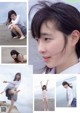 A collage of photos of a young woman on the beach.