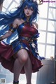 A woman with long blue hair wearing a red and blue outfit.