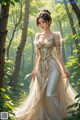 A woman in a long dress walking through a forest.