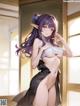 A naked anime girl with purple hair is posing for the camera.