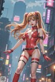 A woman in a red latex outfit standing in the middle of a city.